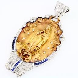 Impressive vintage Art Deco 18K yellow & white gold diamond & natural sapphire Virgin Mary pendant