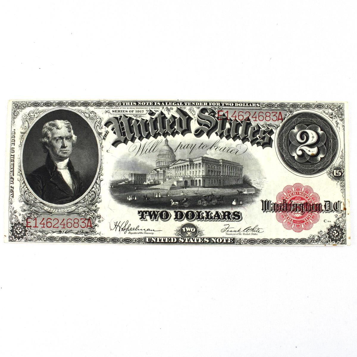 1917 U.S. $2 large size red seal legal tender banknote
