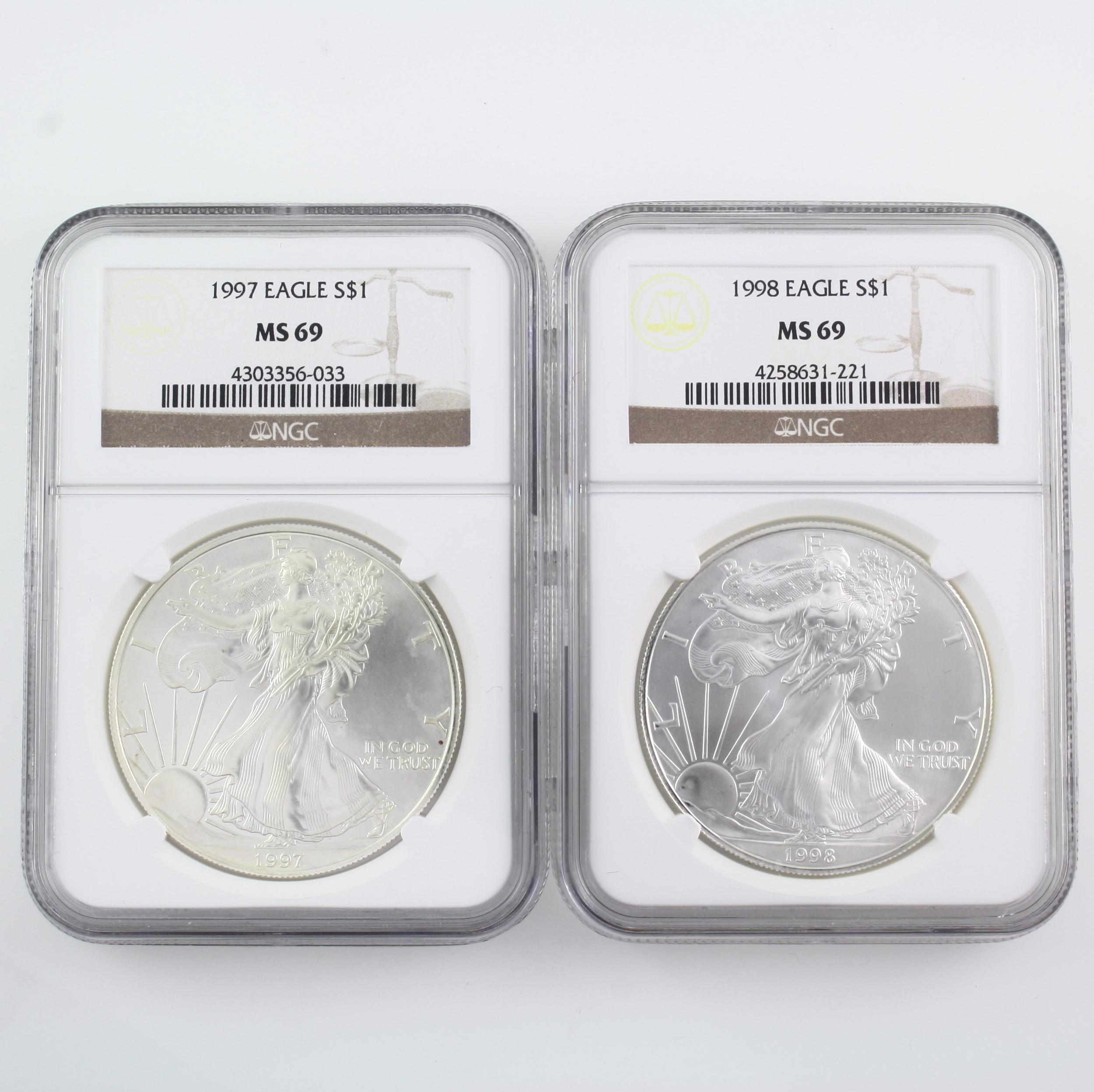 Lot of 2 certified consecutive date U.S. American Eagle silver dollars