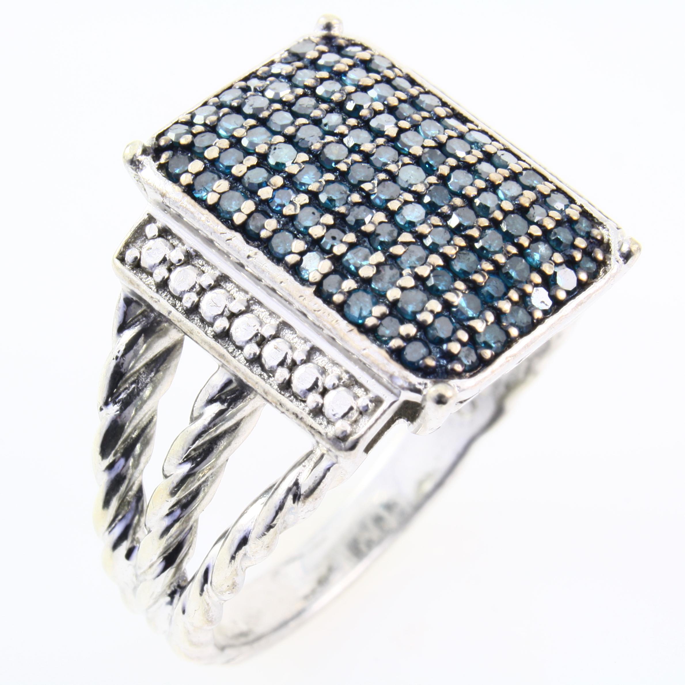 Estate sterling silver blue diamond ring