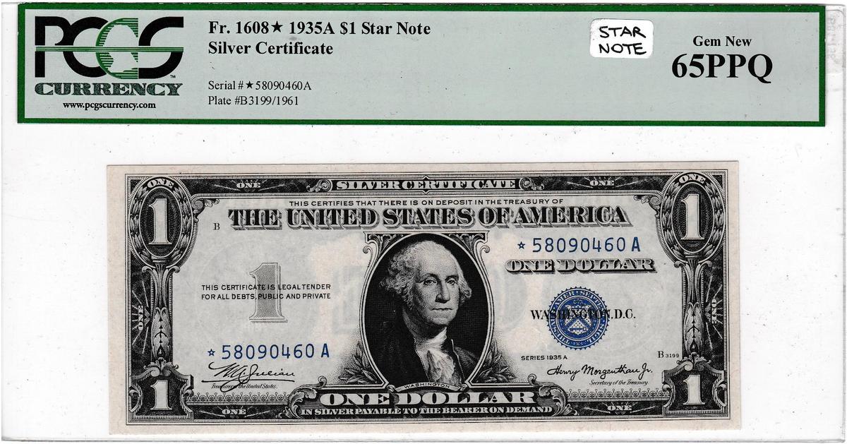 Certified 1935A star U.S. $1 blue seal silver certificate star banknote