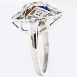 Estate 10K white gold Order of the Eastern Star diamond & multi-gemstone ring