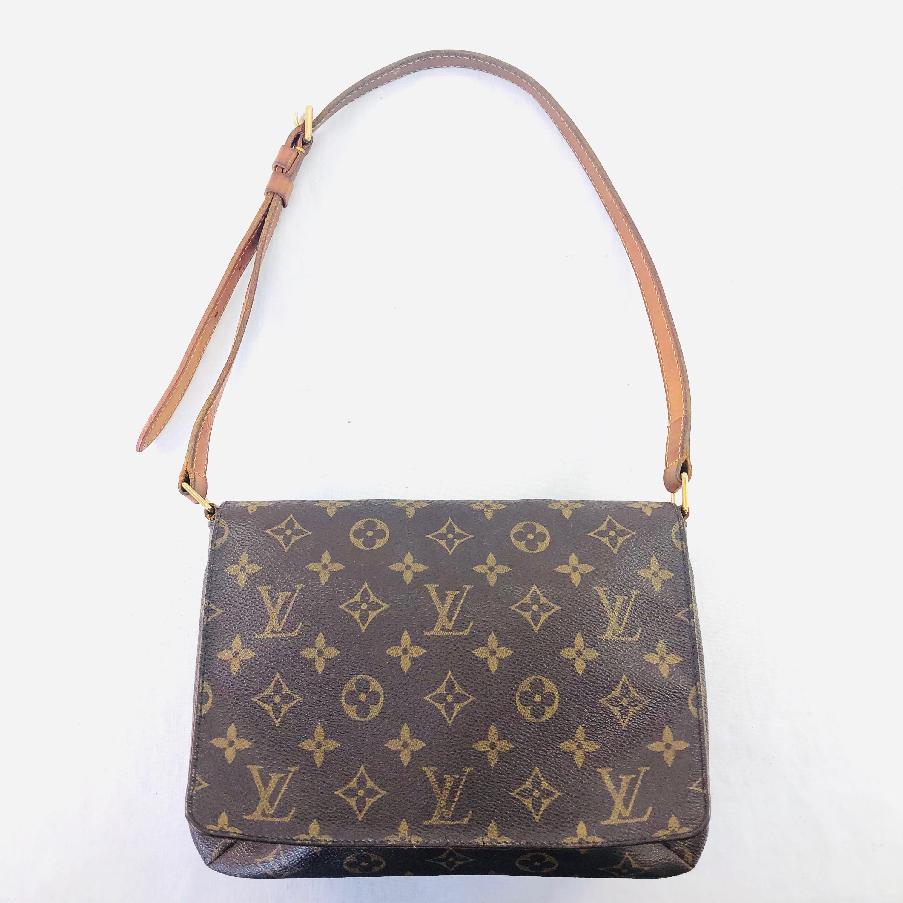 Authentic estate Louis Vuitton "Musette Tango" canvas & leather shoulder bag