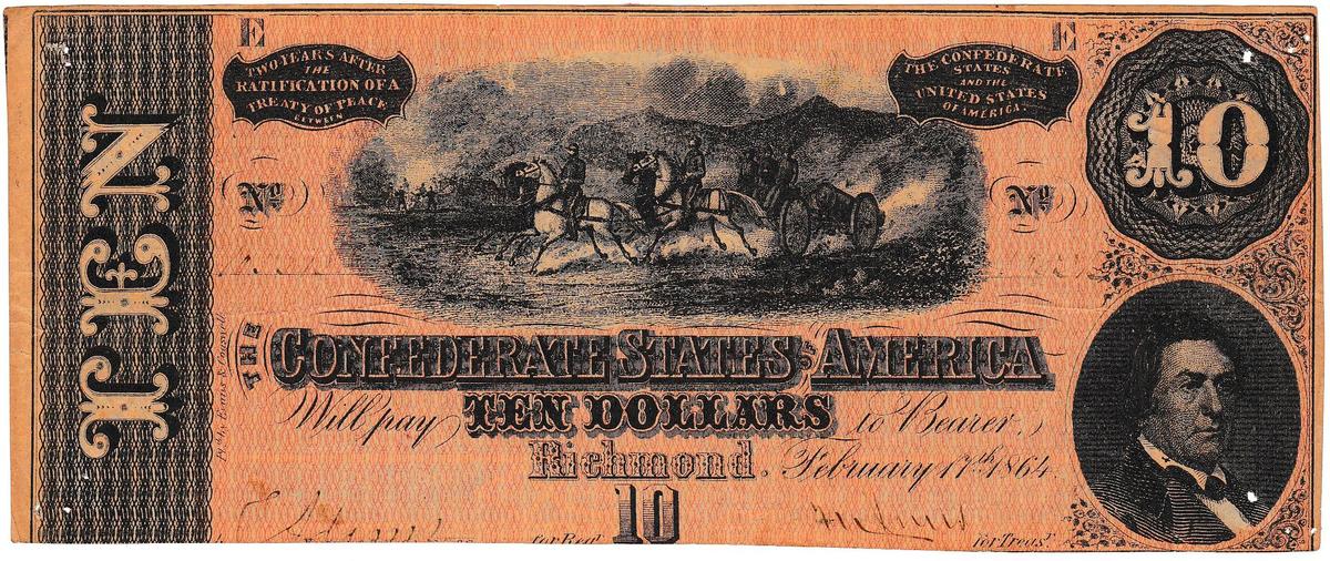 1864 Confederate States of America $10 banknote