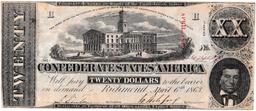 1863 Confederate States of America $20 banknote