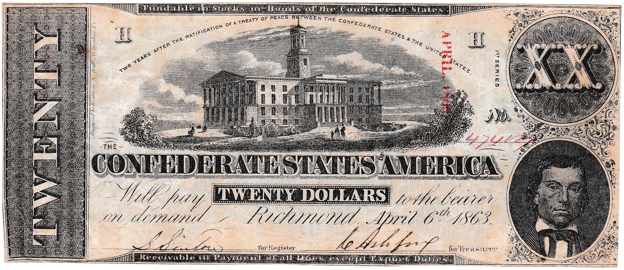 1863 Confederate States of America $20 banknote