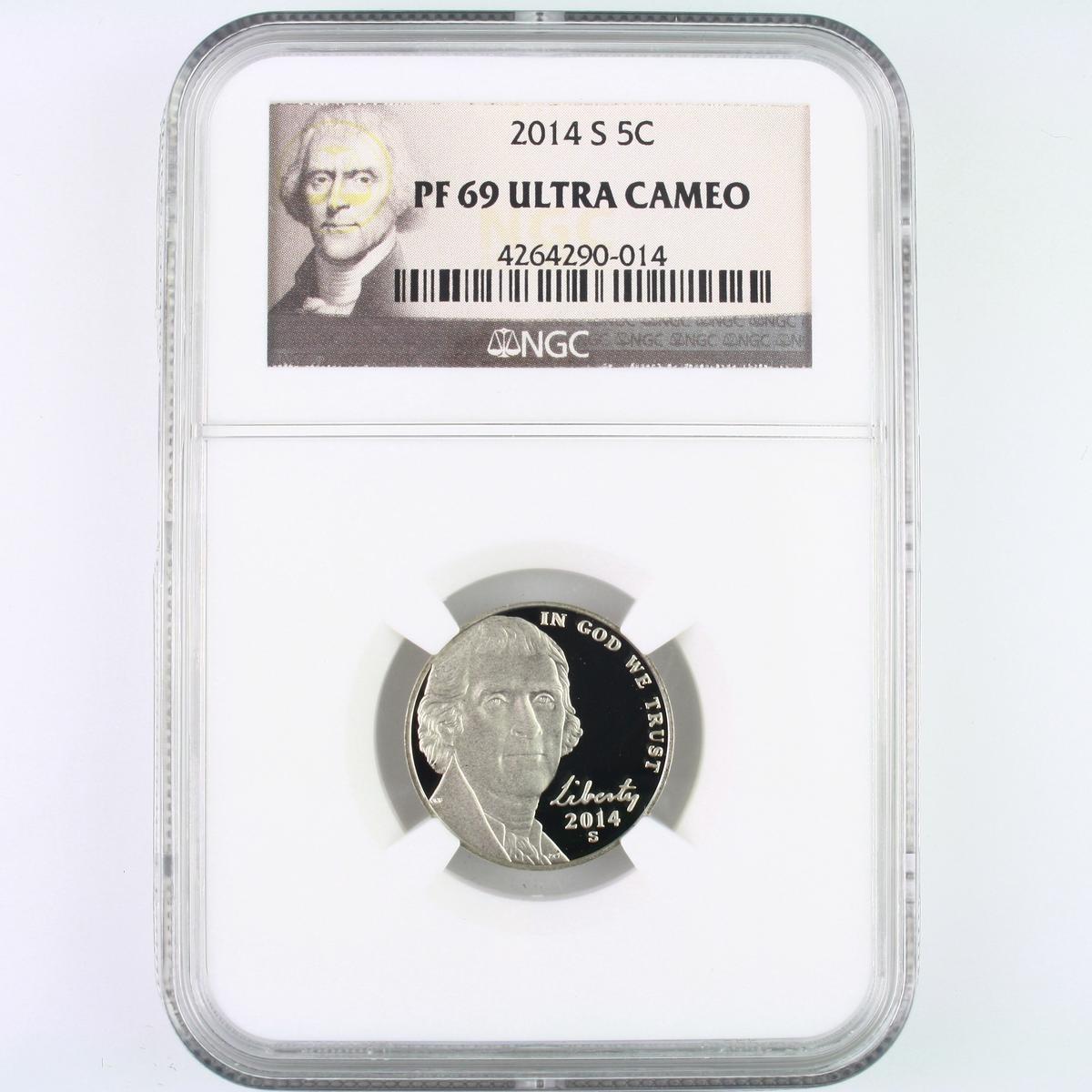 Certified 2014-S proof U.S. Jefferson nickel