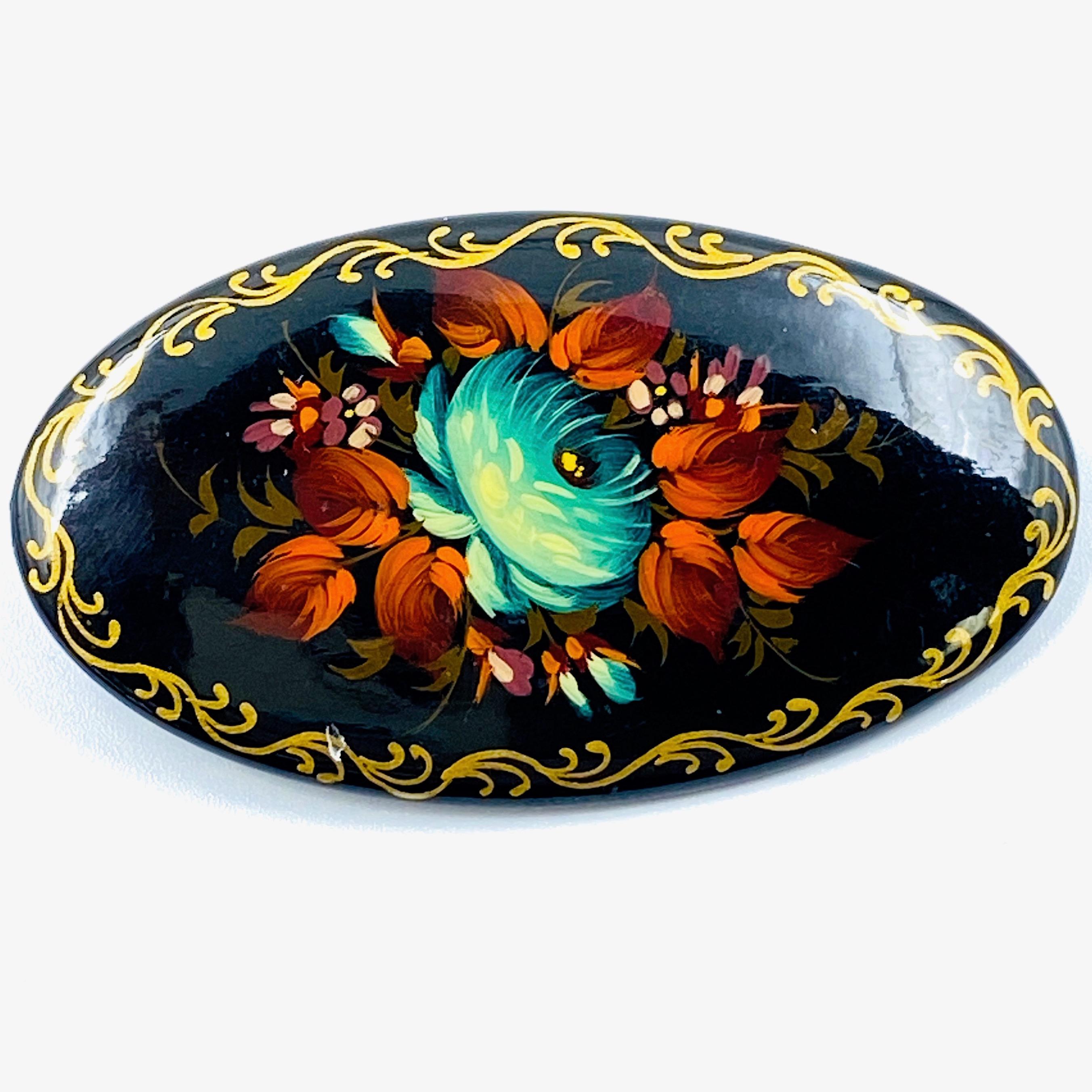 Vintage Russian lacquer hand-painted flower pin