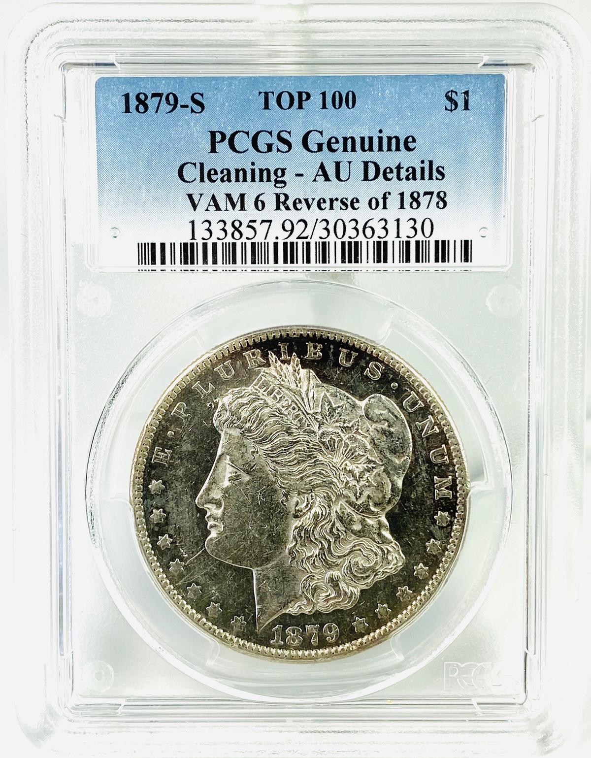 Certified 1879-S reverse of 1878 TOP-100 VAM-6 U.S. Morgan silver dollar