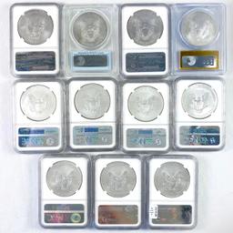 Lot of 11 certified mixed date 2013-W to 2017-W burnished U.S. American Eagle silver dollars