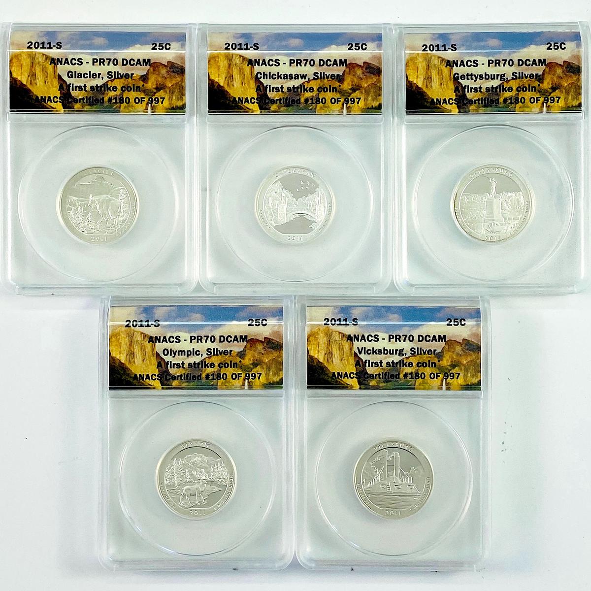 Complete 5-piece set of 2011-S silver proof U.S. "America The Beautiful" national park quarters