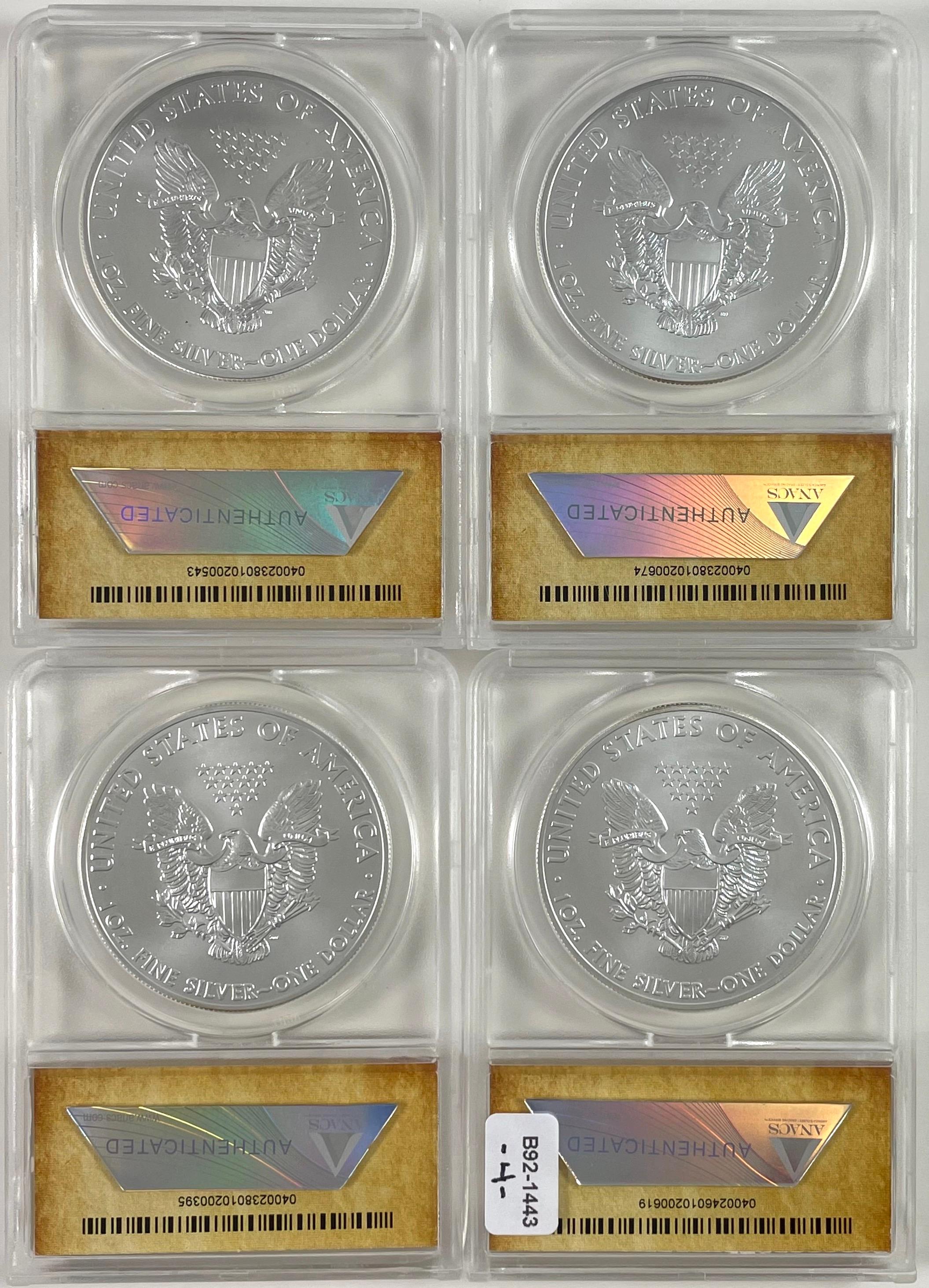 Lot of 4 certified 2015 U.S. American Eagle silver dollars