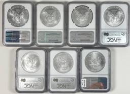 Continuous run of 7 certified 2002-2008 U.S. American Eagle silver dollars