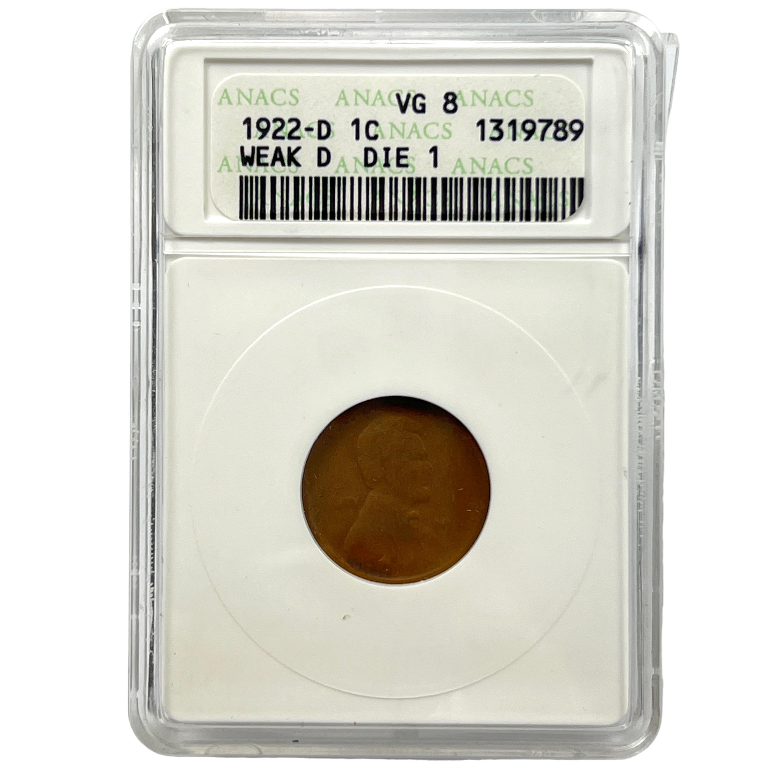 Certified 1922-D weak D, die 1 U.S. Lincoln cent