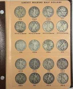 Near-complete 63-piece set of circulated U.S. walking Liberty half dollars