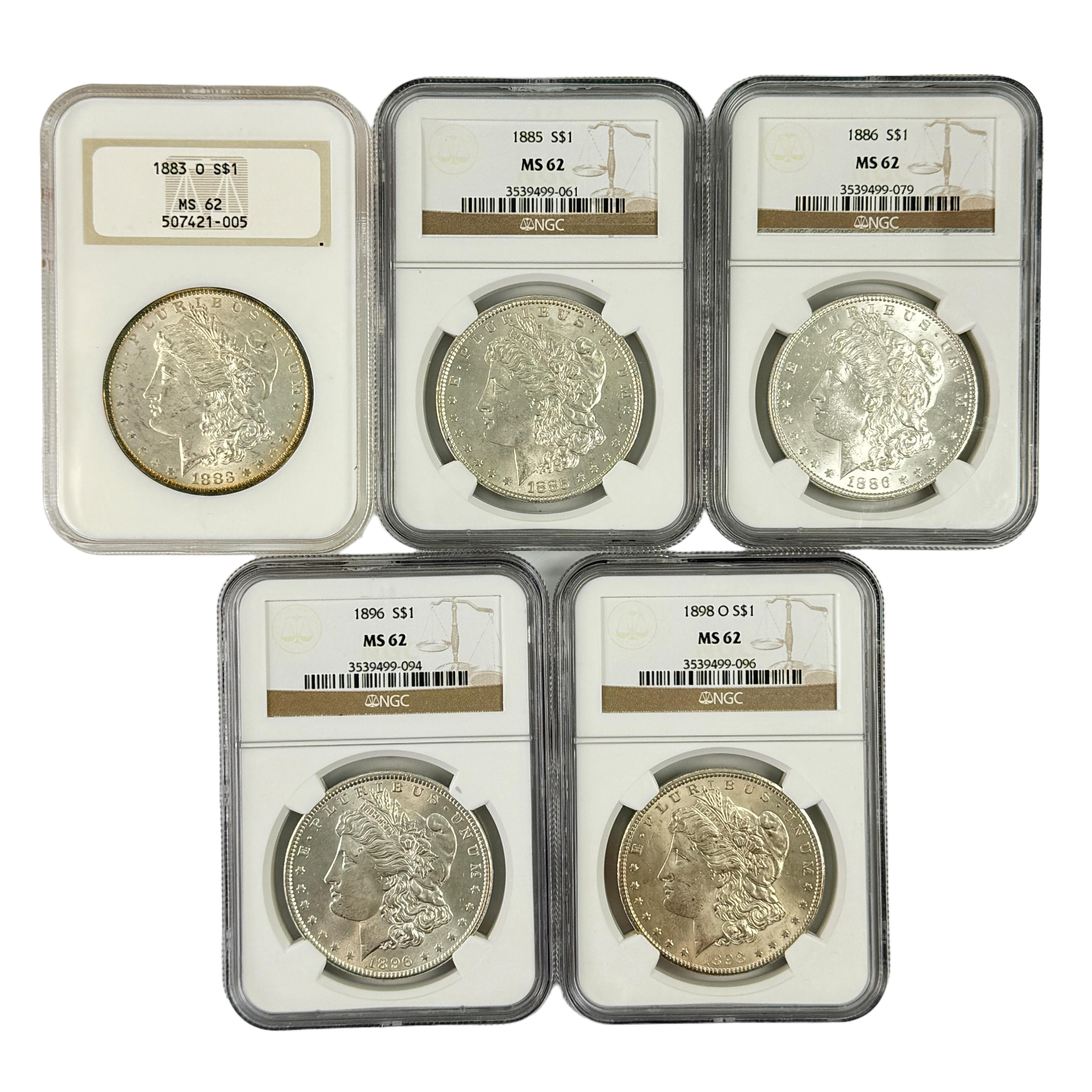 Lot of 5 different certified U.S. Morgan silver dollars