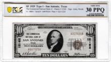 Certified 1929 U.S. $10 Commercial National Bank of San Antonio national currency banknote
