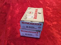 2 Boxes Winchester 25 Auto Ammo 50 Rounds Each 100 Rounds Total