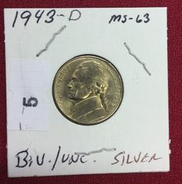 1943 D Silver War Nickel, B.U., MS-63