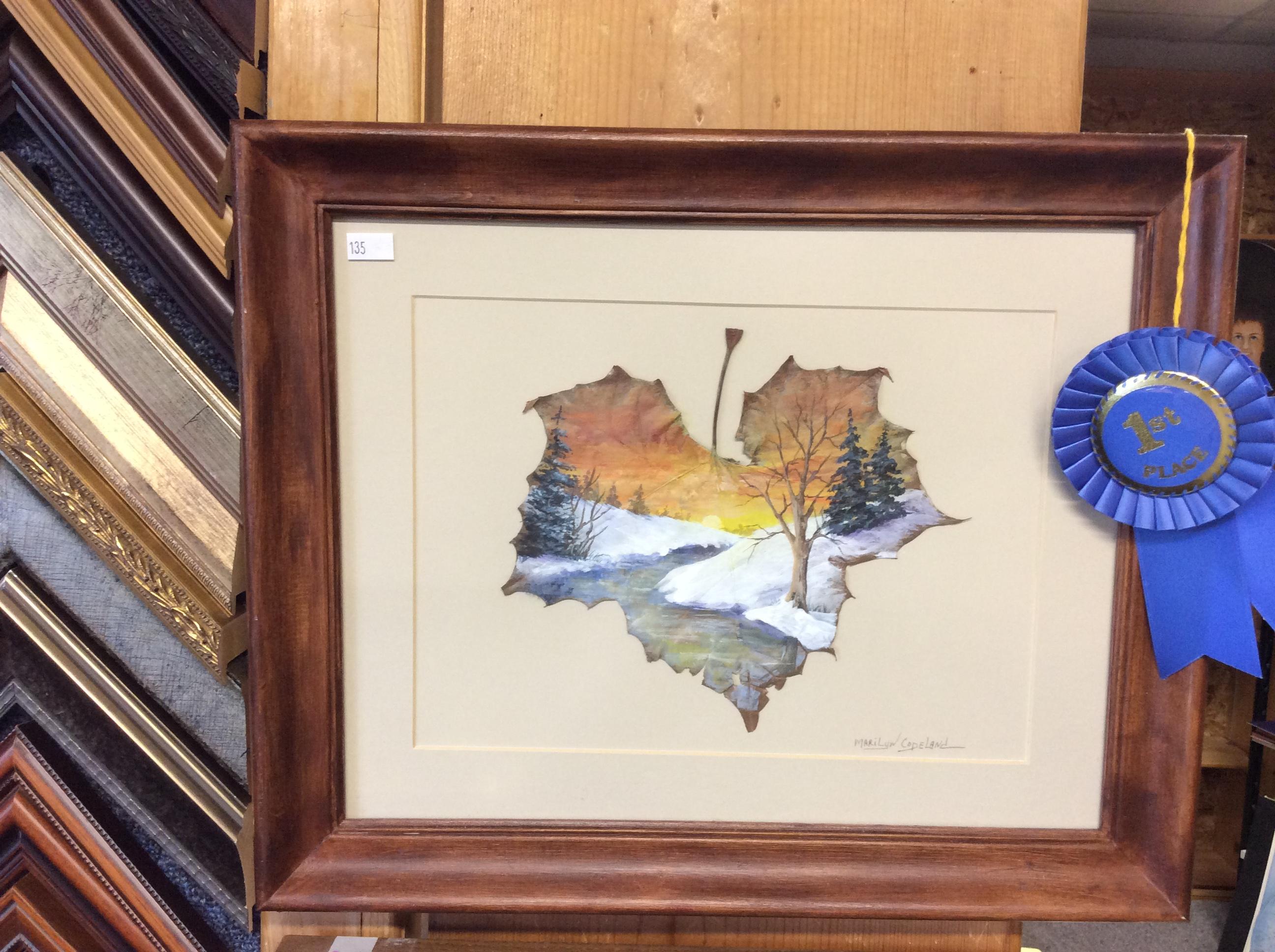 Framed Winter Scene on Actual Leaf, Signed 10.5x13.5 in