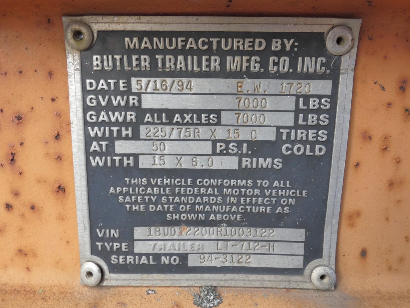 1994 Butler 12' S/A Tilt Tag Trailer, SN:1BUD12200R1003122, 65'' Wide.