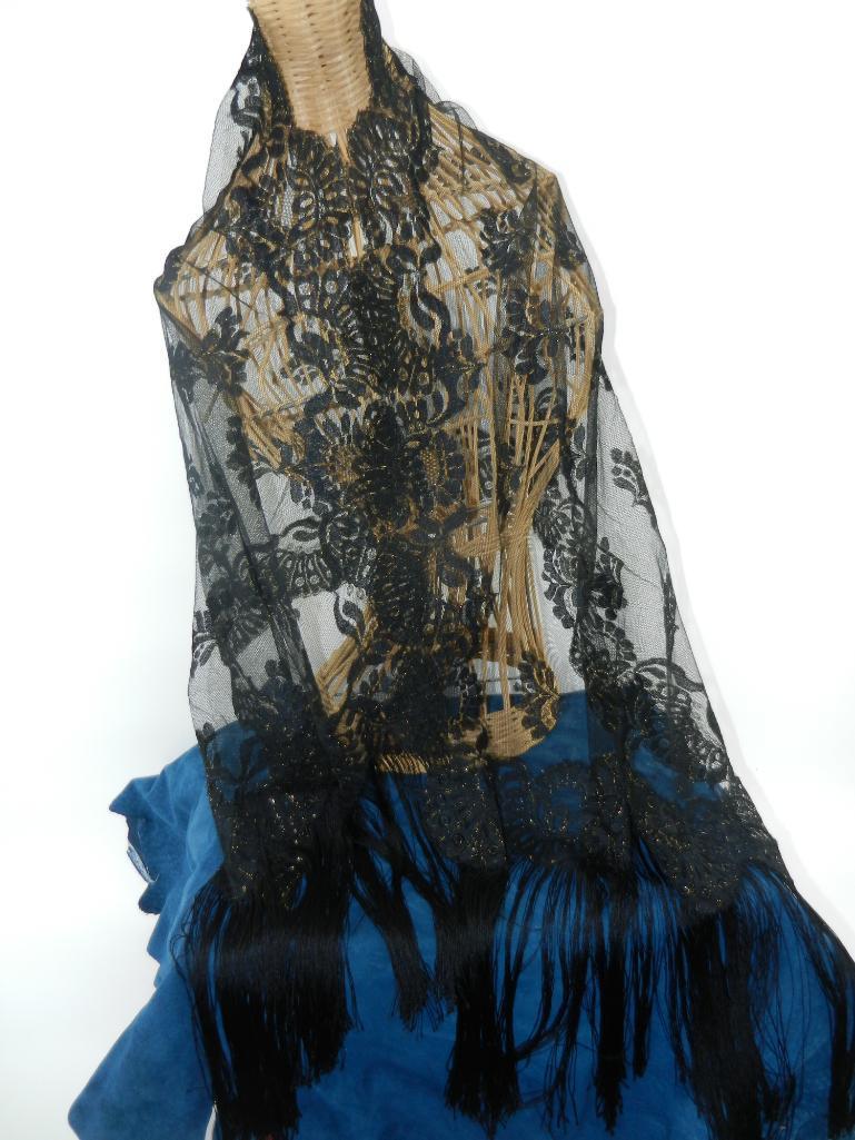 30" Long Fringed Black & Gold Shawl