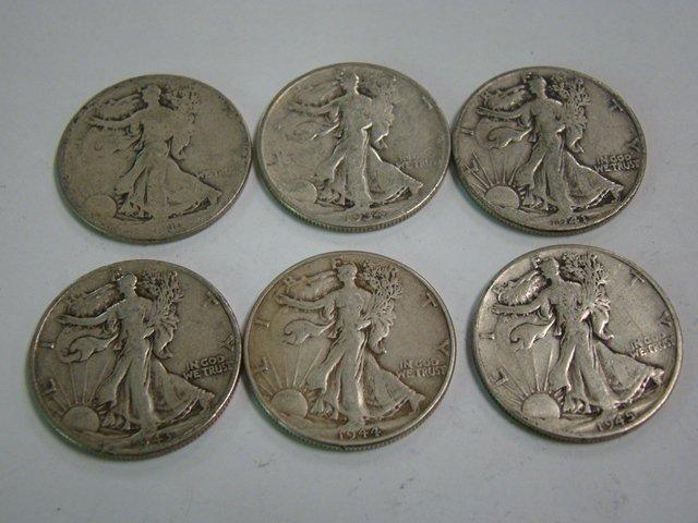 6 WALKING LIBERTY HALF DOLLARS 1918, 34, 35, 41, 43, 44, 45,