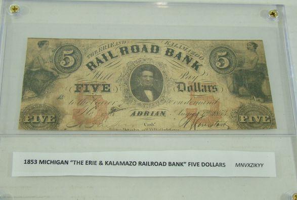 RARE 1853 "THE ERIE & KALAMAZOO RAILROAD BANK" $5.00 OBSOLETE NOTE