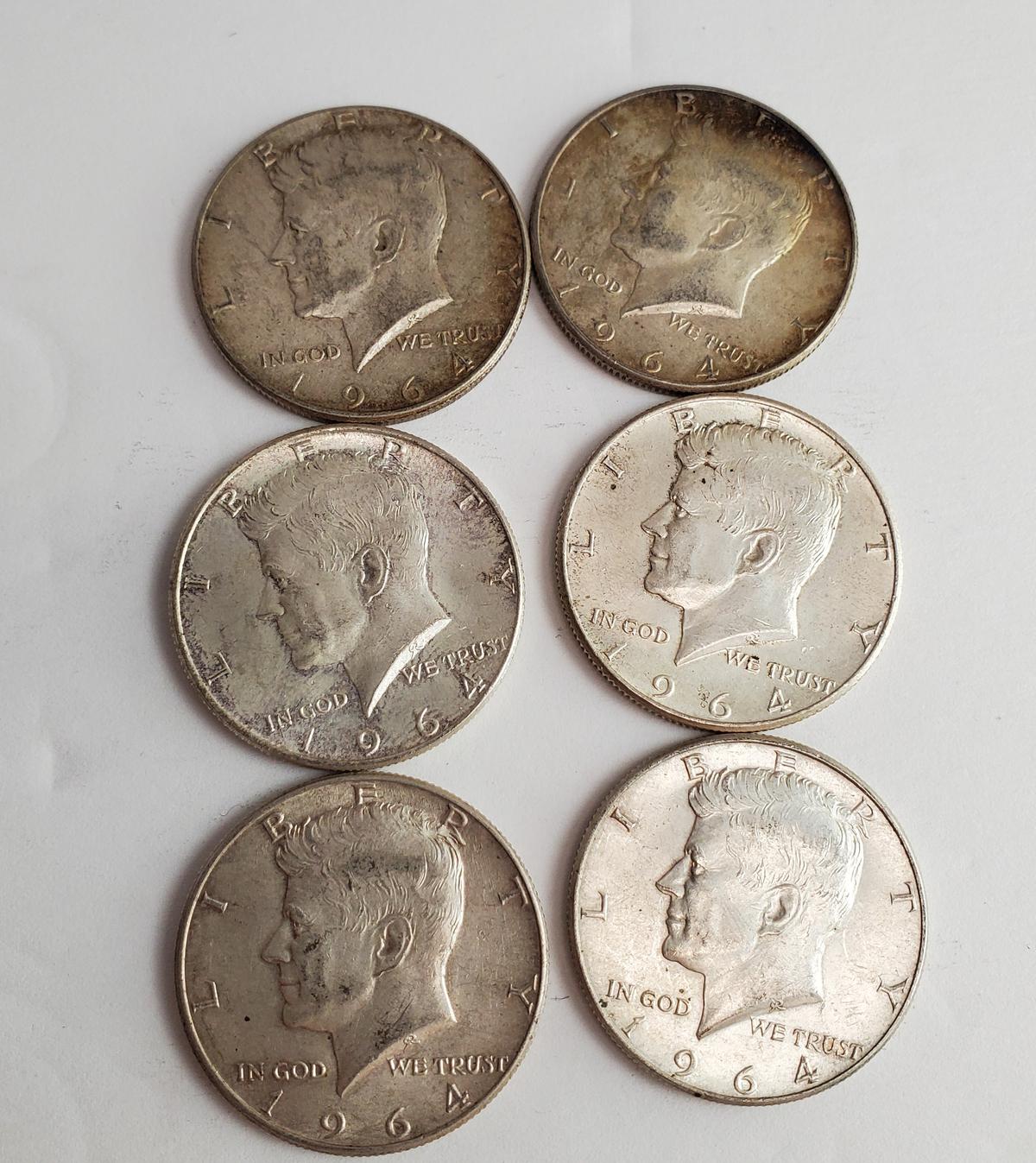 Lot Of 6 90% 1964 Kennedy Half Dollars