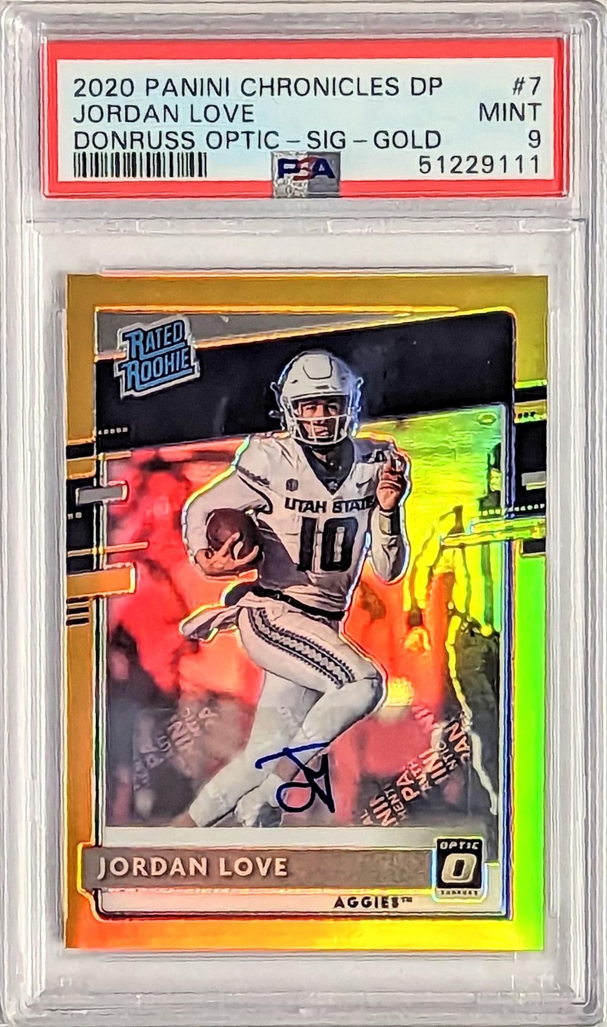 PSA 9 2020 PANINI CHRONICLES GOLD /10 JORDAN LOVE AUTO ROOKIE CARD