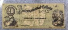 1870 $20 INTERNATION COLLEGE BANK OF NEW YORK NOTE (BRYANT STRATTON & CO.)