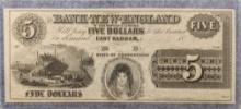 1850'S THE BANK OF NEW ENGLAND STATE OF CONNECTICUT $5.00 REMAINDER NOTE UNUSED