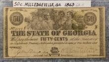 1863 CIVIL WAR CONFEDERATE .50 CENT NOTE MILLEDGEVILLE "THE STATE OF GEORGIA"