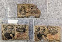 3X POOR CONDITION UNITED STATES FRACTIONAL CURRENCY 2X 1874 .25 CENTS 1X 1863 .10 CENT