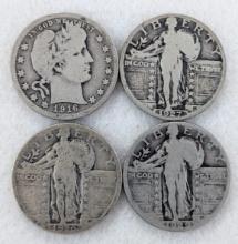 4 SILVER QUARTERS 1916-D, 1926, 1927, 1929