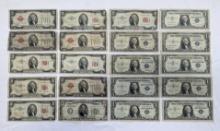 20X $1, $2 & $5 NOTES 9 SILVER CERTIFICATES, 5 1953 & 4 1928 RED SEAL NOTES, $5 1934 NOTE