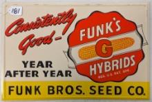 NEW OLD STOCK FUNK'S HYBRIDS SEED METAL ADVERTISING SIGN 18"X12"