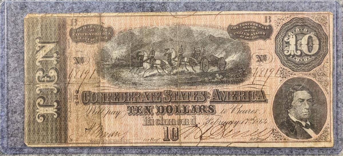 1864 $10.00 CIVIL WAR CONFEDERATE NOTE "RICHMOND VA"