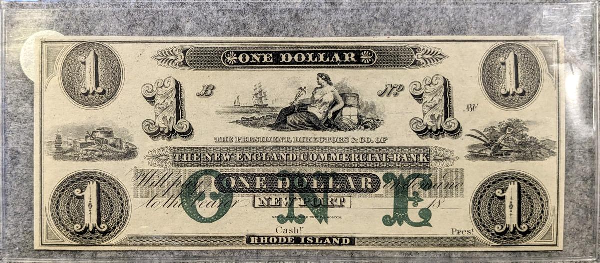 1860'S THE NEW ENGLAND COMMERCIAL BANK STATE OF RHODE ISLAND UNUSED $1.00 REMAINDER NOTE