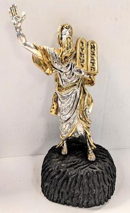 STERLING SILVER .925 RELIGIOUS STATUE OF MOSES ON WOODEN BASE TOTAL WEGHT 19.19 OUNCES