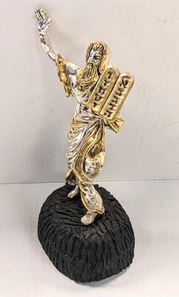 STERLING SILVER .925 RELIGIOUS STATUE OF MOSES ON WOODEN BASE TOTAL WEGHT 19.19 OUNCES
