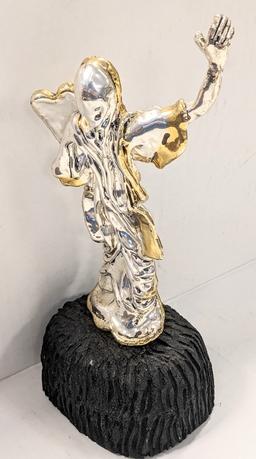 STERLING SILVER .925 RELIGIOUS STATUE OF MOSES ON WOODEN BASE TOTAL WEGHT 19.19 OUNCES