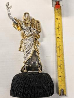 STERLING SILVER .925 RELIGIOUS STATUE OF MOSES ON WOODEN BASE TOTAL WEGHT 19.19 OUNCES