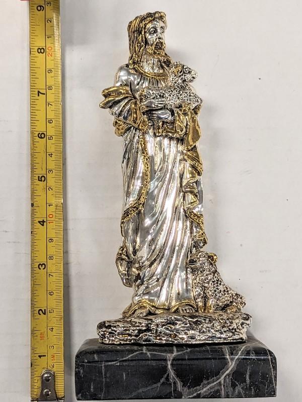 STERLING SILVER .925 RELIGIOUS STATUE OF JESUS ON MARBLE BASE TOTAL WEIGHT 20.285 OUNCES