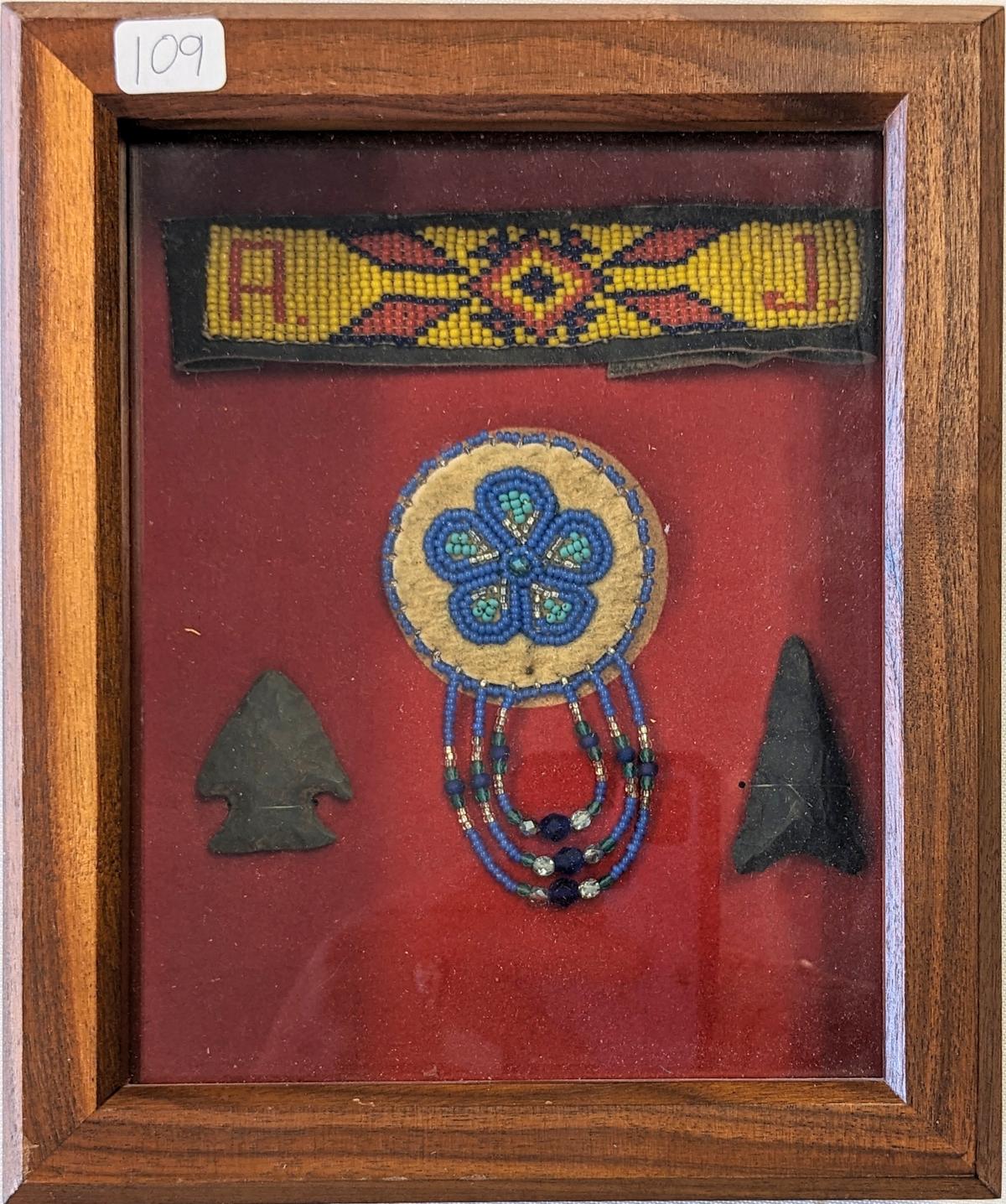 FRAMED NATIVE AMERICAN POINTS & BEADED ITEMS (LOCAL VA. ESTATE)