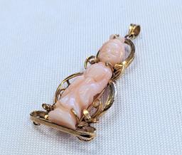 RARE 14K GOLD PENDANT WITH CORAL CARVED OF THE GODDESS GUANYIN 7.1 GRAMS