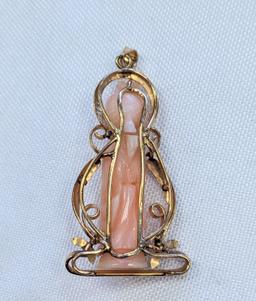 RARE 14K GOLD PENDANT WITH CORAL CARVED OF THE GODDESS GUANYIN 7.1 GRAMS
