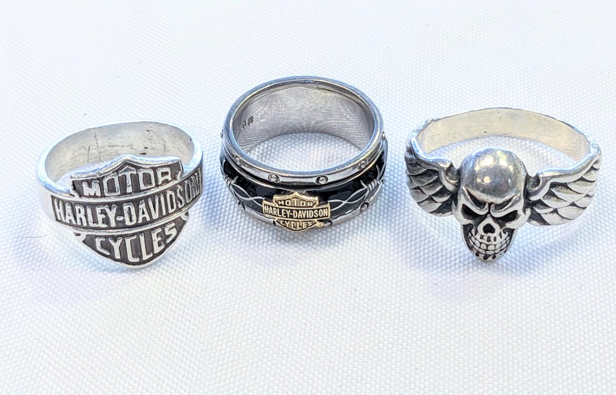 3 MENS STERLING SILVER RINGS (2X HARLEY DAVIDSON MOTORCYCLE RINGS)