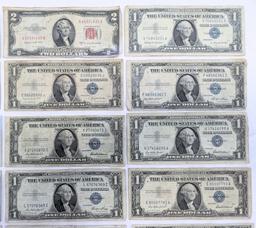20X $1, $2 & $5 NOTES 9 SILVER CERTIFICATES, 5 1953 & 4 1928 RED SEAL NOTES, $5 1934 NOTE