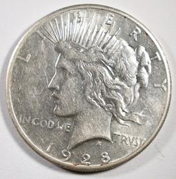 1928 PEACE SILVER DOLLAR, CH ORIGINAL AU+, KEY COI